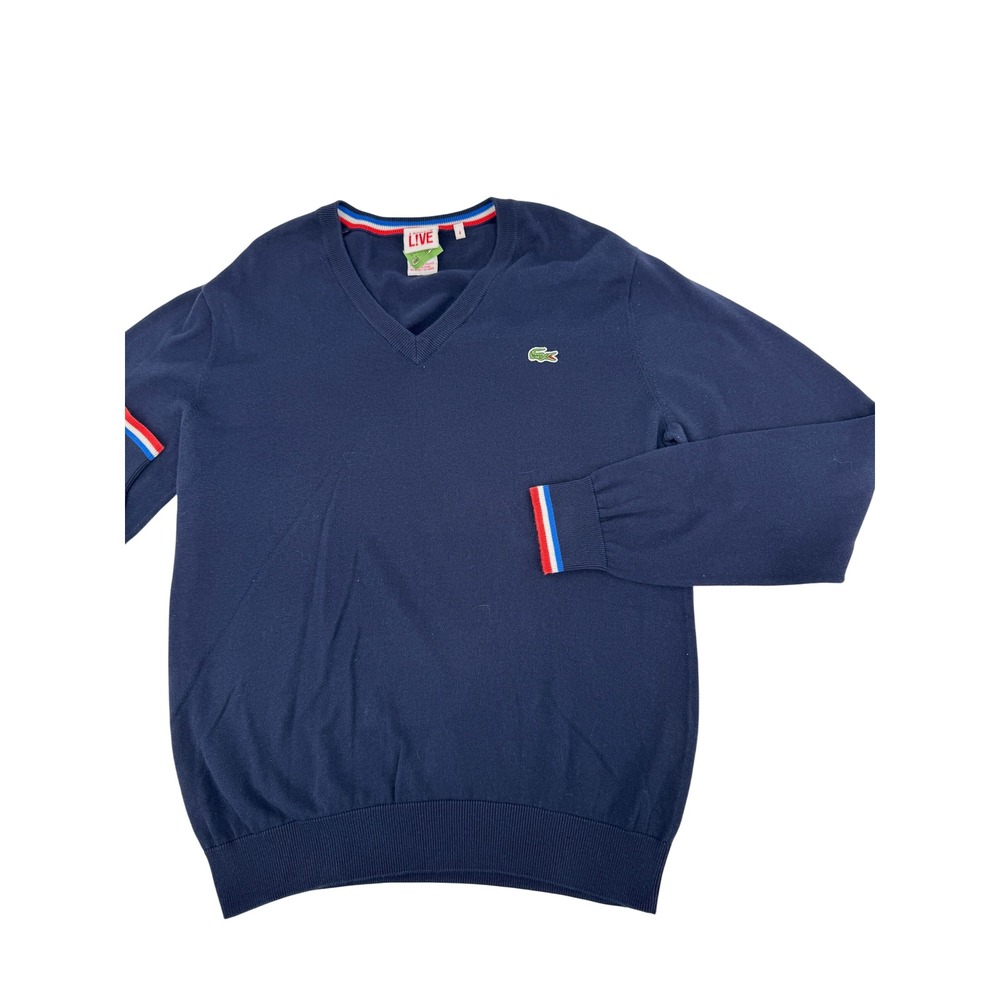 Lacoste LIVE V-Neck Sweater Women Size 4 Navy Blue Striped Trim Preppy Logo 8651